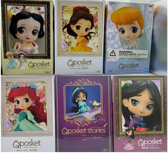 Disney Figure Lot of 6 Qposket Ariel Cinderella Snow White Belle Mulan Jasmine